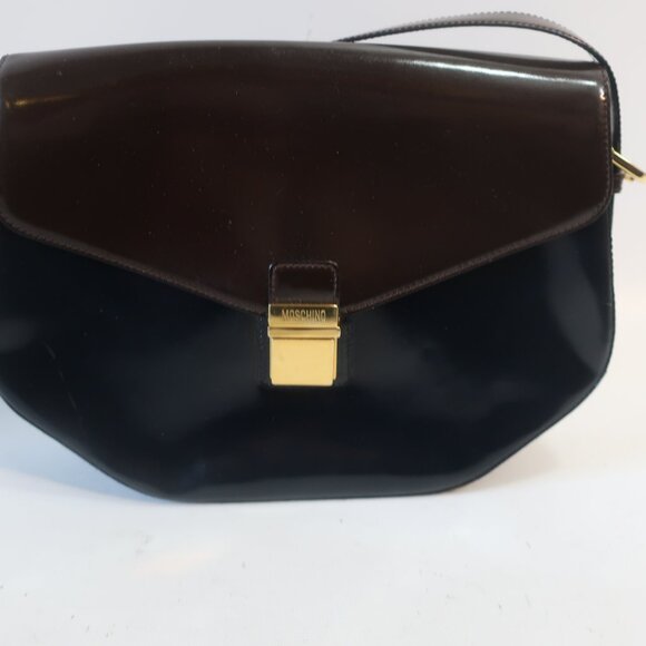 Womens Moschino 453248 Brown Black Matted Patent Leather Shoulder Handbag - Picture 5 of 16